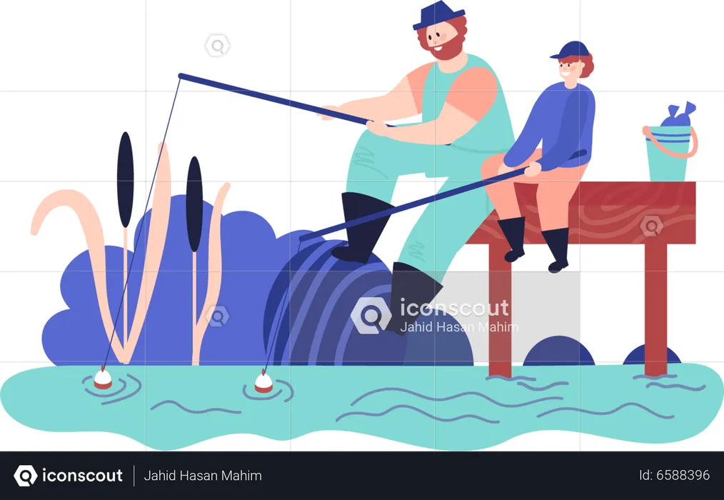 Pai pescando com filhos  Ilustração