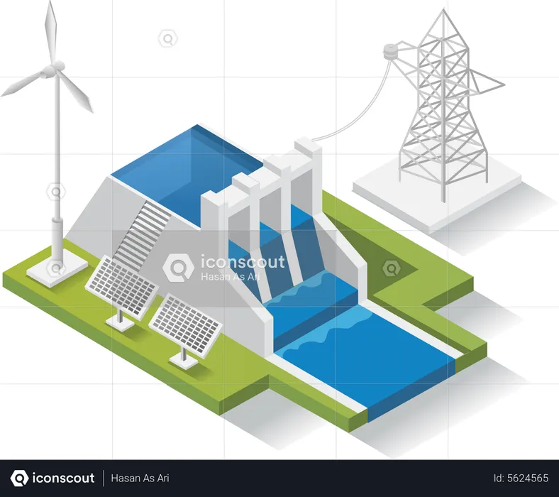 Painéis de energia solar com barragem  Ilustração