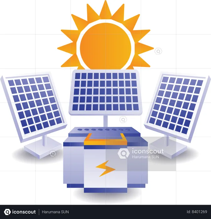 Painéis solares armazenam energia em geradores  Ilustração