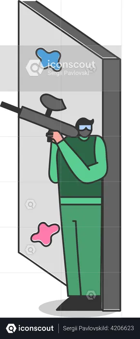 Paintball player hiding behind wall  Illustration