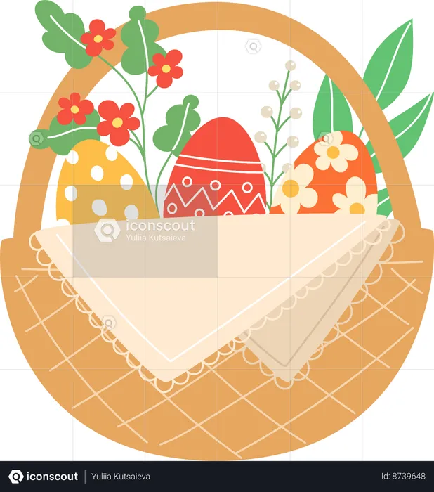 Painted Eggs In Wicker Basket  Illustration