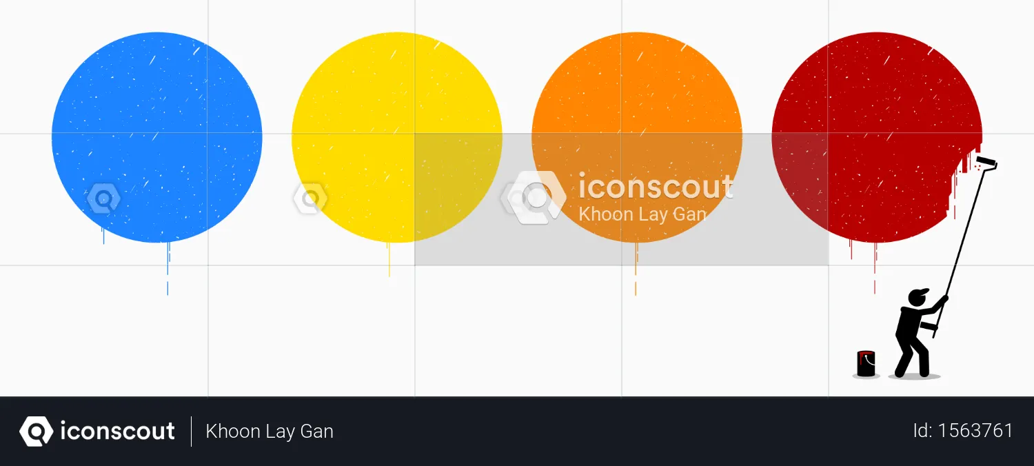 Painter painting four empty circles on wall with different color of blue, yellow, orange, and red  Illustration
