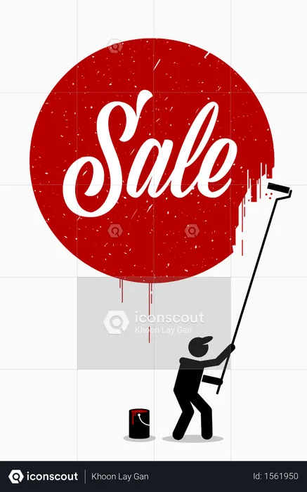 Painter painting the word sale on a wall with a red circle around it  Illustration