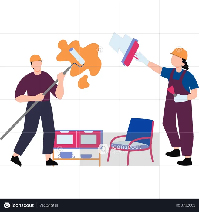 Painters are painting the wall with a paint roller  Illustration