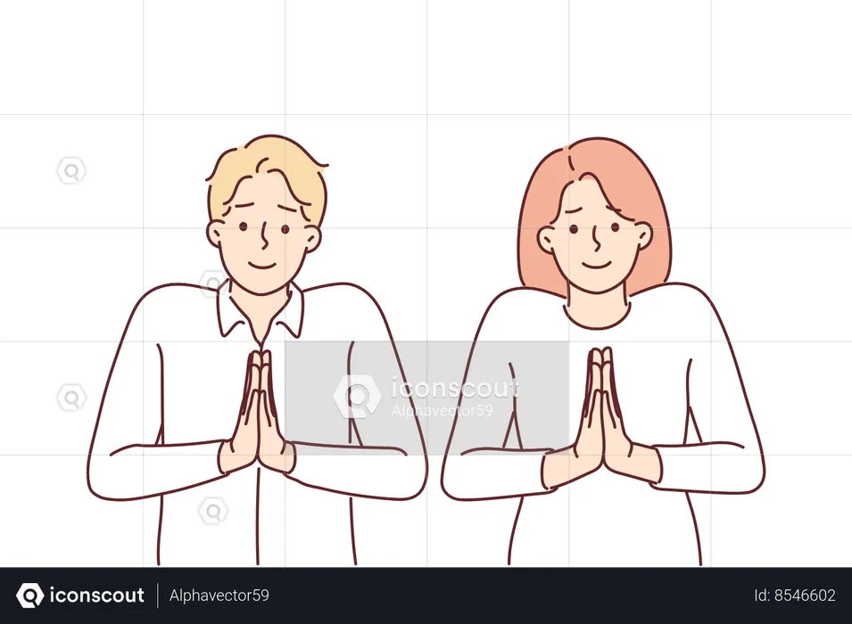 Pair of angels pray with hands folded in front of chests and standing with halo over heads  Illustration