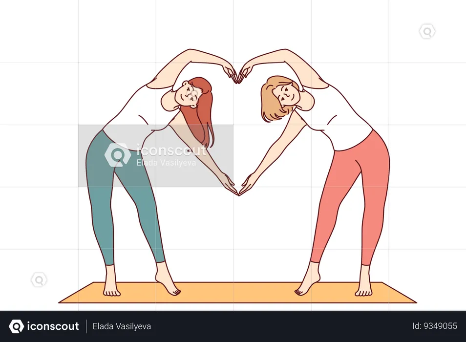 Paired yoga of two women doing pilates standing on sports mat and making heart sign from hands  Illustration