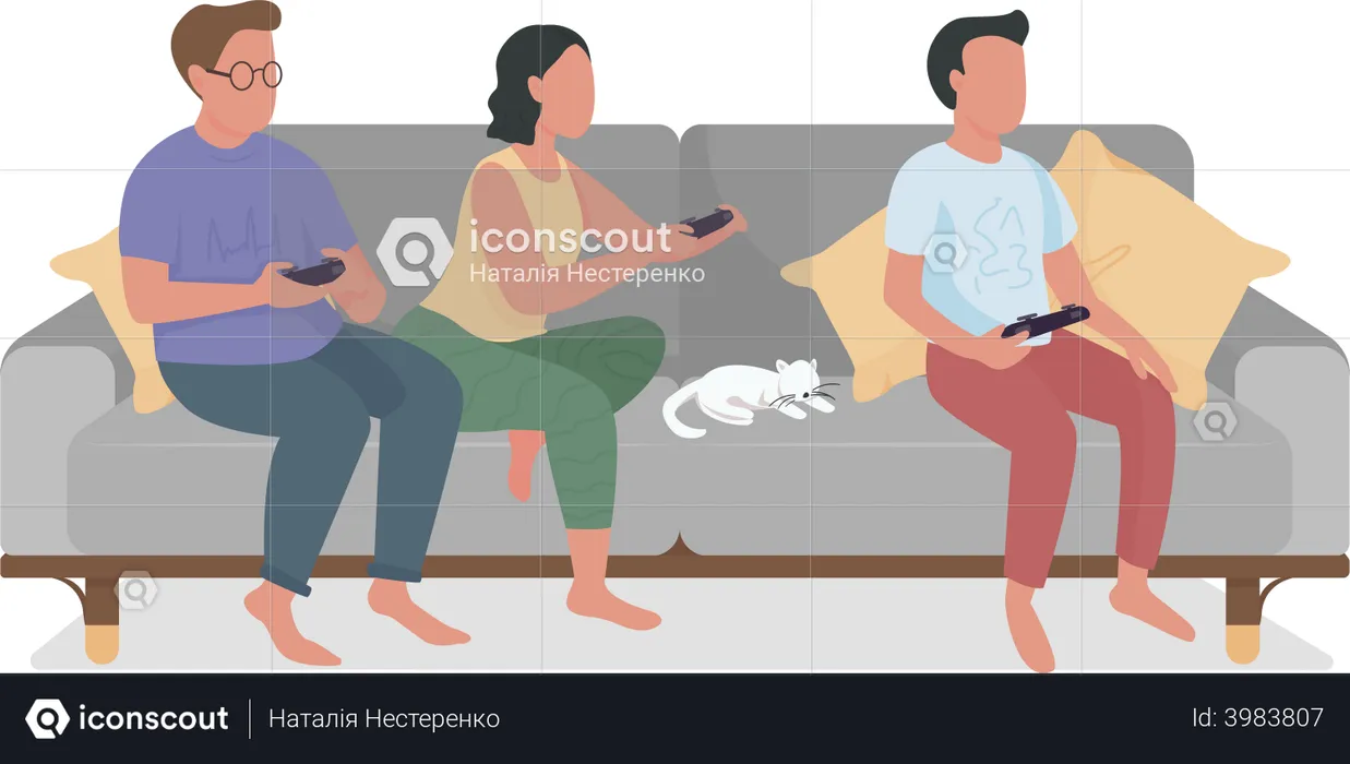 Pais e adolescentes relaxando com videogame  Ilustração