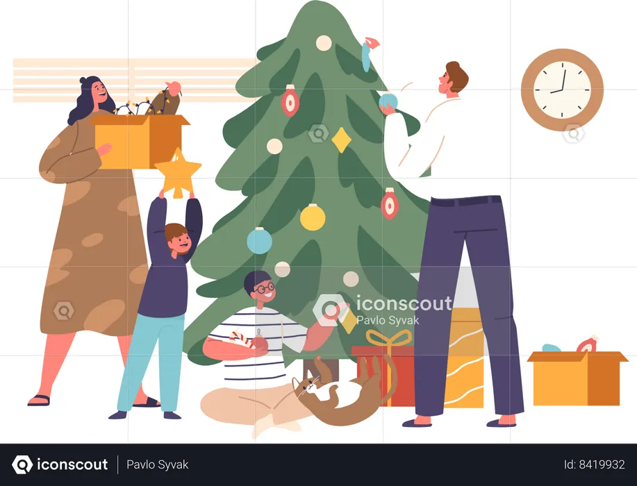 Pais e filhos decorando árvore de Natal  Ilustração