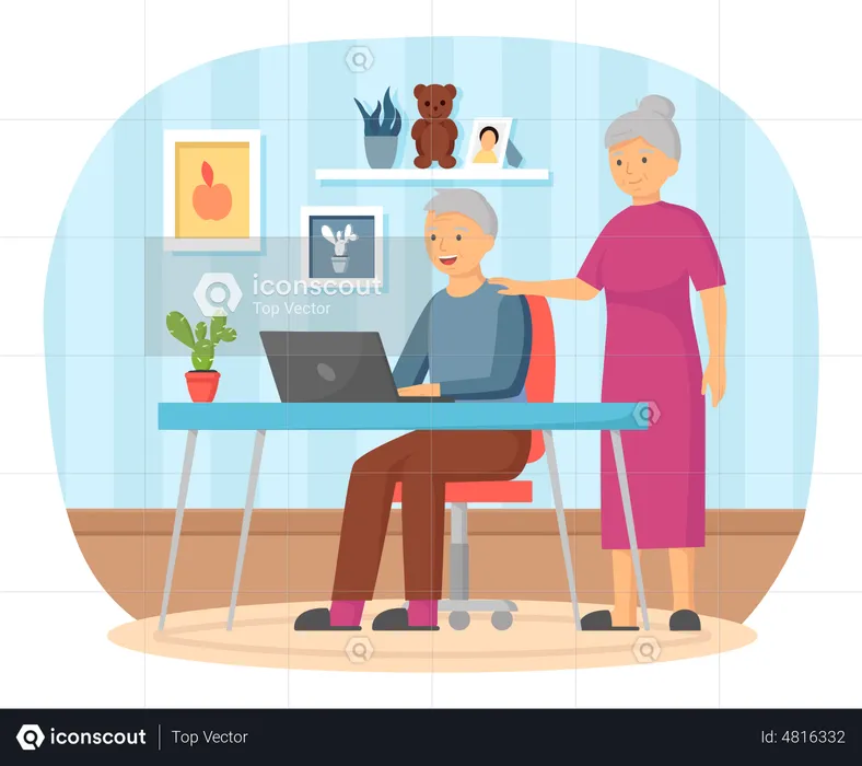 Pais idosos conversando online com a filha  Ilustração