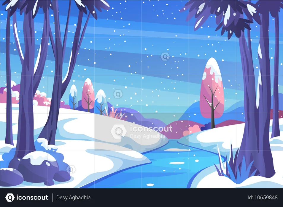 Paisaje invernal con vista al río  Ilustración