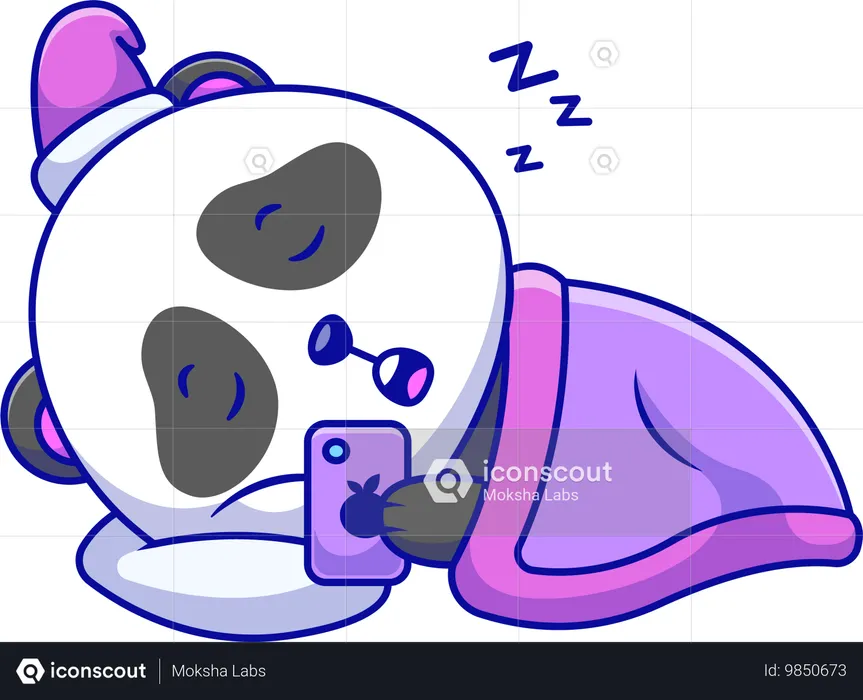 Panda durmiendo mientras juega con el teléfono  Ilustración