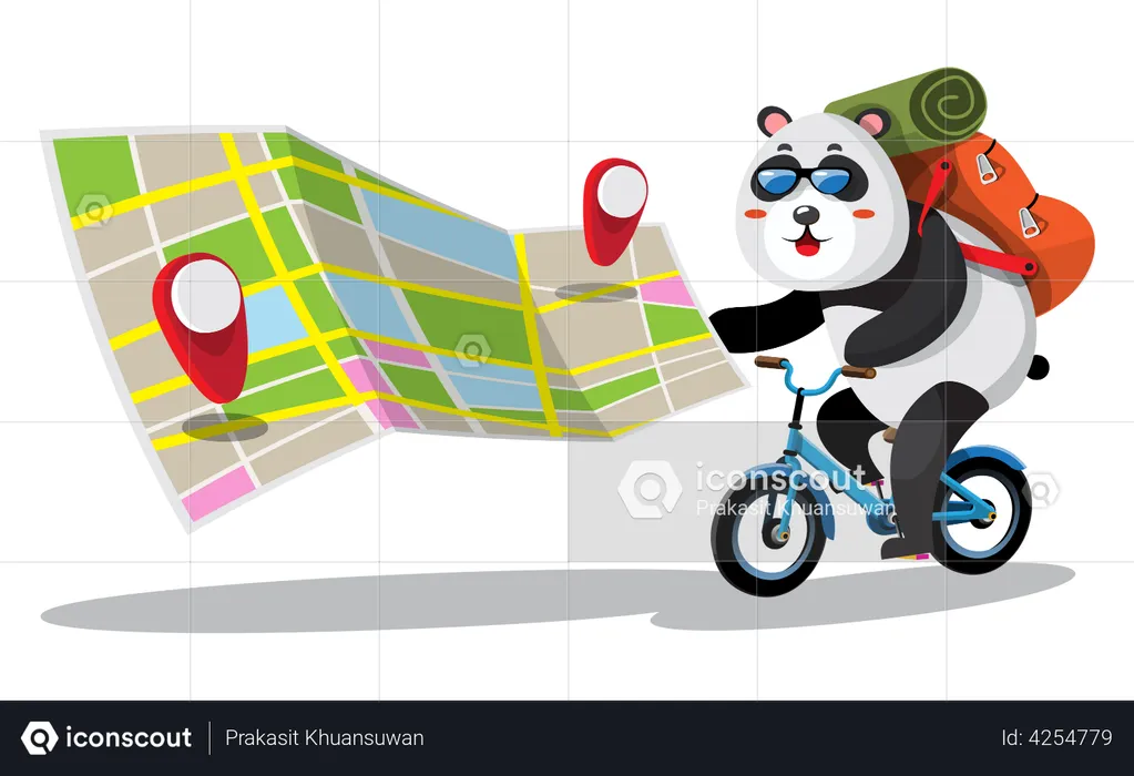 Panda rides a bicycle touring the city using maps  Illustration