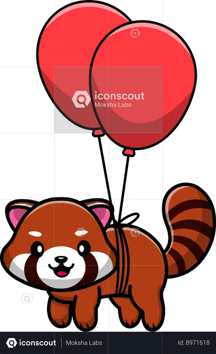 Panda rojo flotando con globo  Ilustración