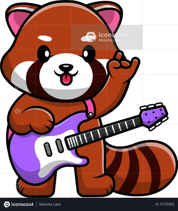 Panda rojo tocando la guitarra eléctrica  Ilustración