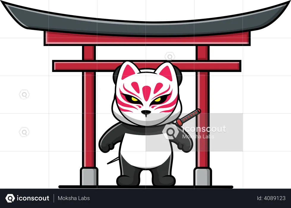 Panda Wearing Kitsune Mask And Katana On Torii Gate Illustration  Illustration