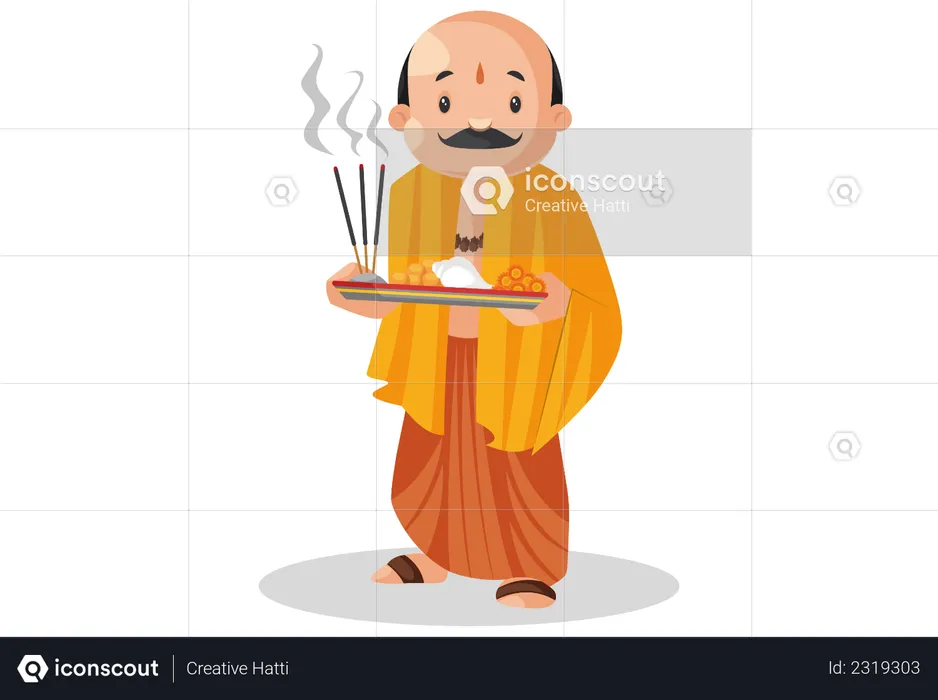 Pandit ji tenant une assiette de culte dans les mains  Illustration