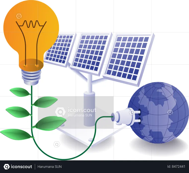 Paneles solares energía natural eco verde.  Ilustración