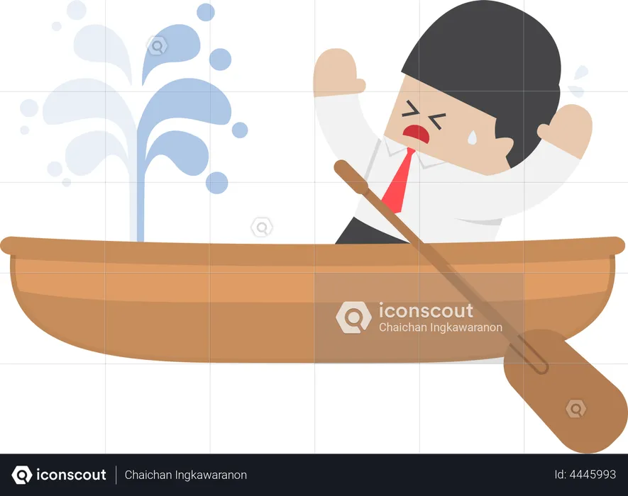 Panic businessman with leaking boat  Illustration