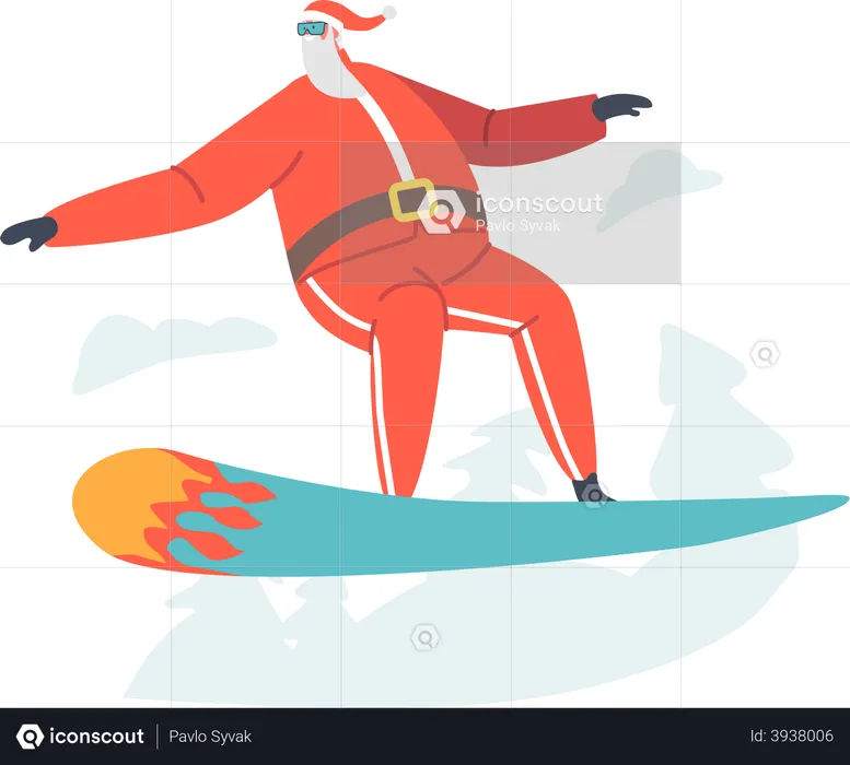 Papá Noel montando snowboard en la montaña  Ilustración