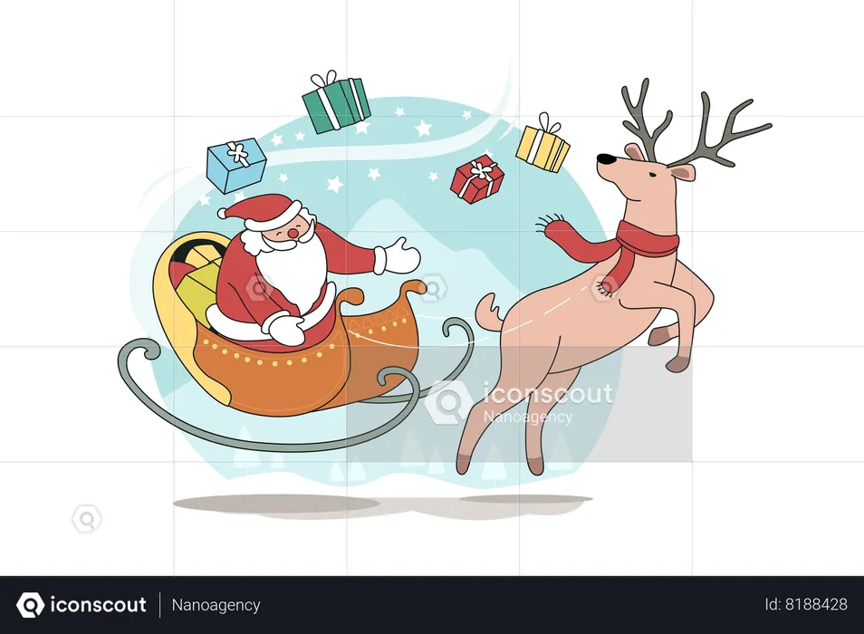 Papai Noel andando de trenó com renas  Ilustração