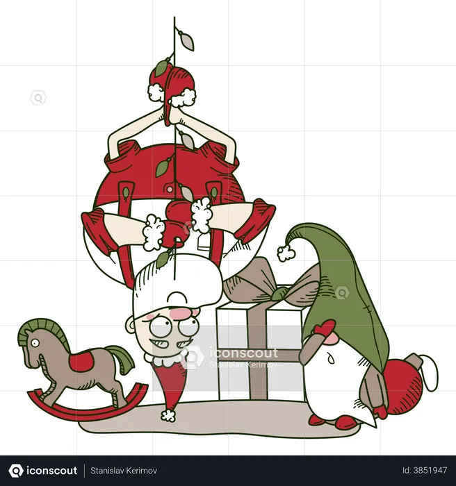 Papai Noel brincando com uma guirlanda  Ilustração