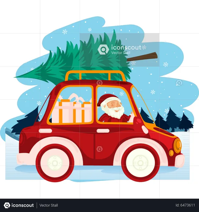 Papai Noel carregando árvore de Natal e presentes no carro  Ilustração