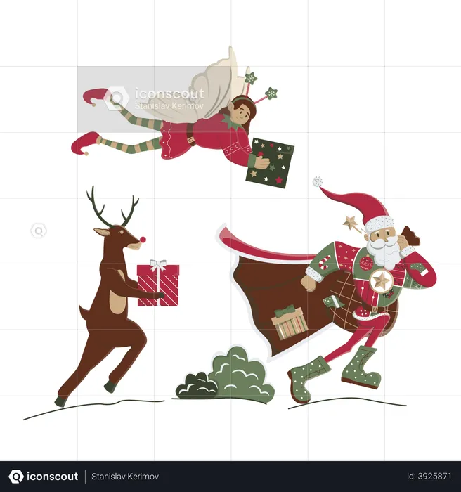 Papai Noel carregando um grande saco de presentes  Ilustração