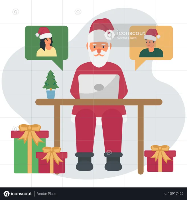 Papai Noel celebrando o Natal online  Ilustração