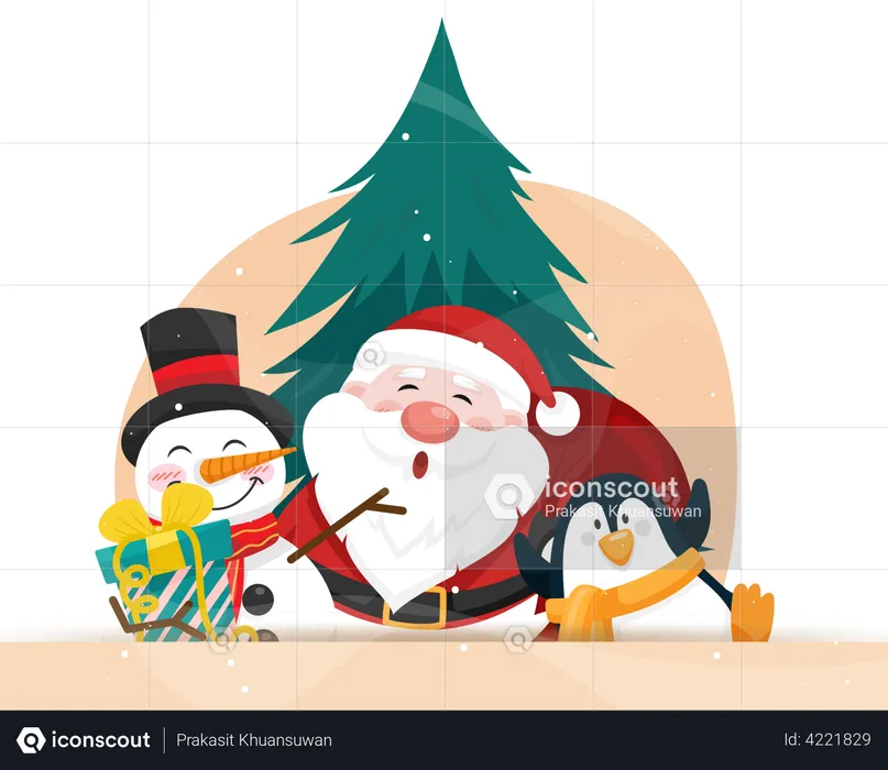 Papai Noel com boneco de neve e penquin  Ilustração