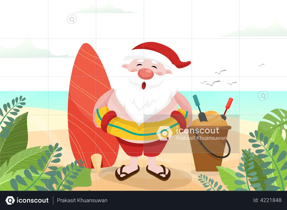 Papai Noel com prancha de surf e anel de natação na praia  Ilustração