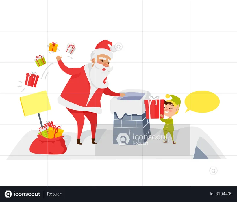 Papai Noel dando presente na noite de Natal  Ilustração