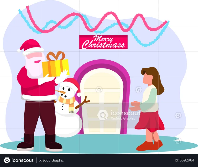 Papai Noel dando presente para menina  Ilustração