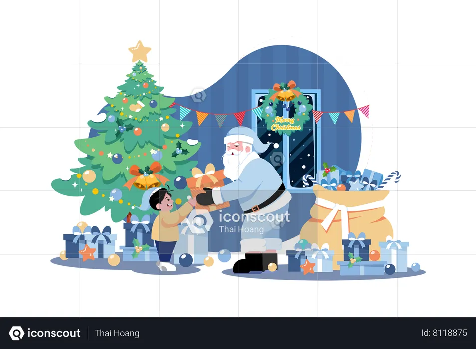 Papai Noel dando presentes de Natal  Ilustração