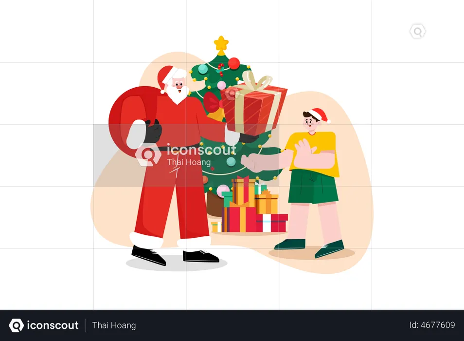 Papai Noel dando presentes de Natal para menino  Ilustração