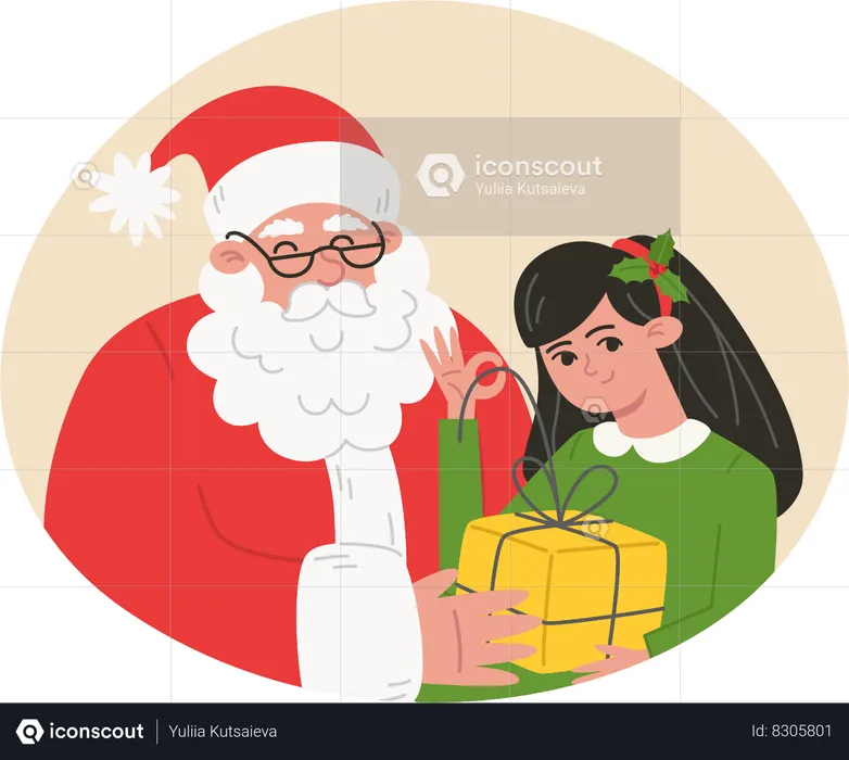 Papai Noel e criança com presente  Ilustração