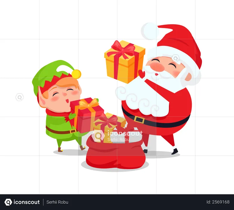 Papai Noel e Elfo com presentes e sacolas de presentes  Ilustração