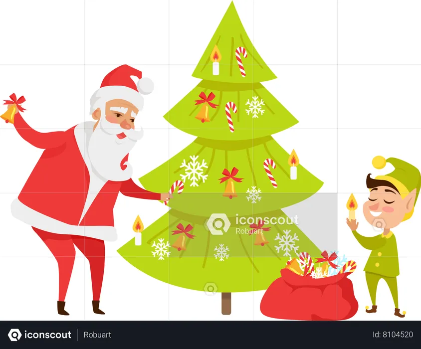 Papai Noel e gnomo decorando árvore de Natal com doces  Ilustração