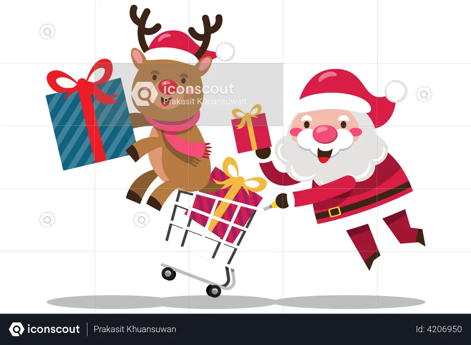 Papai Noel empurrando carrinho de compras  Ilustração