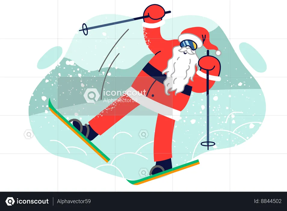 Papai Noel fica em esquis devido à pressa para a festa de Natal ou celebração de ano novo  Ilustração