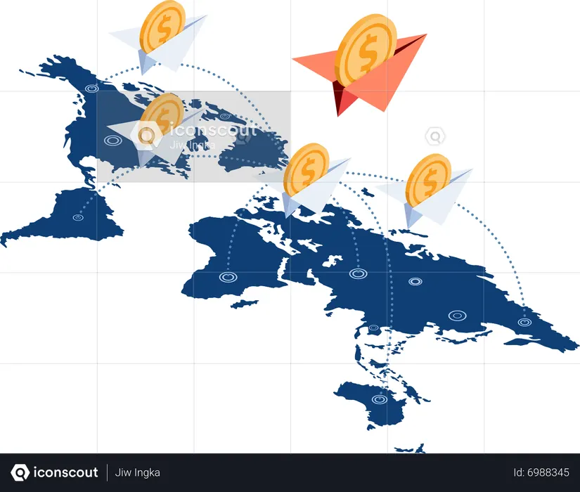Paper Airplane with Dollar Coin Over World Map  Illustration