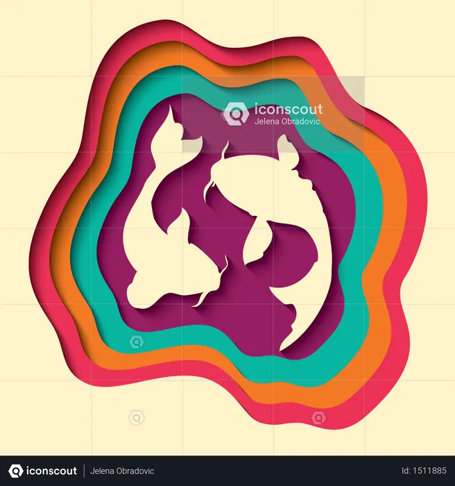 Paper cut out background with 3d effect, two koi fish carving art, vector illustration  Illustration