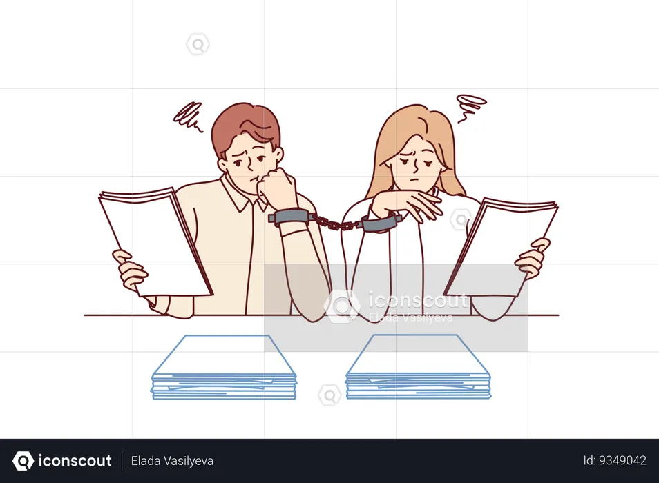 Paperwork forces handcuffed colleagues to do overtime sitting at desk with papers  Illustration