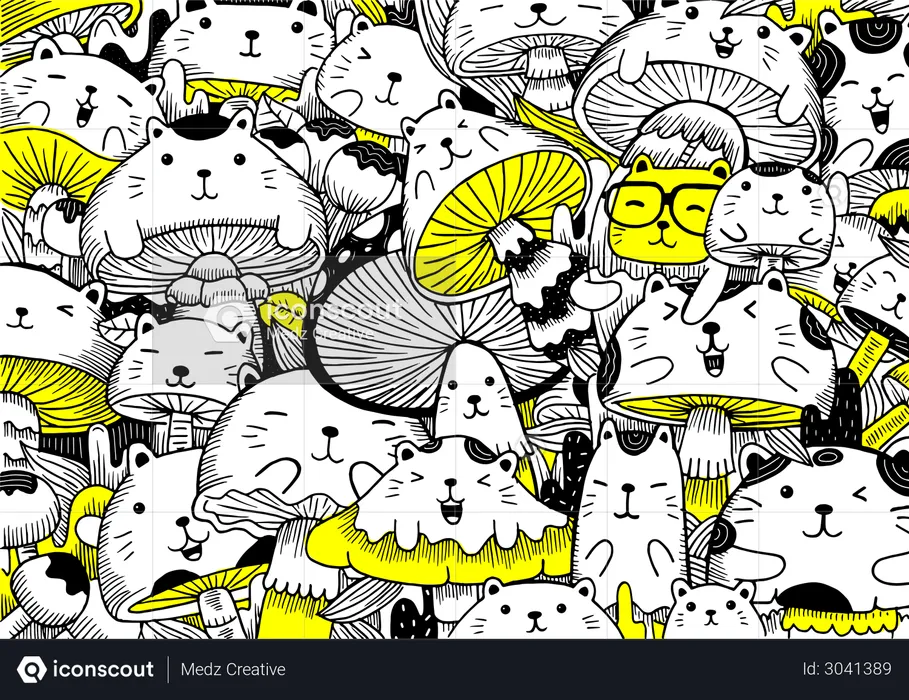 Papier peint à motif Chat et Champignon  Illustration