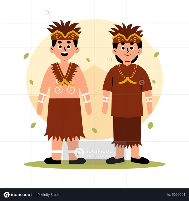 民族衣装を着たパプアの伝統的なカップル  イラスト