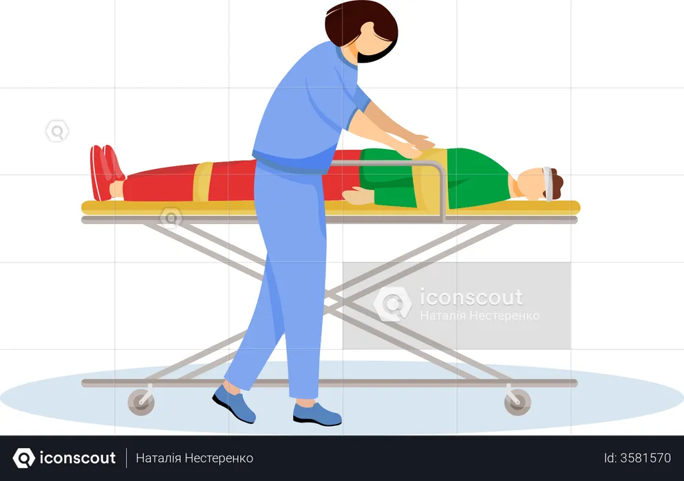 Paramedic with injured patient on stretcher  Illustration