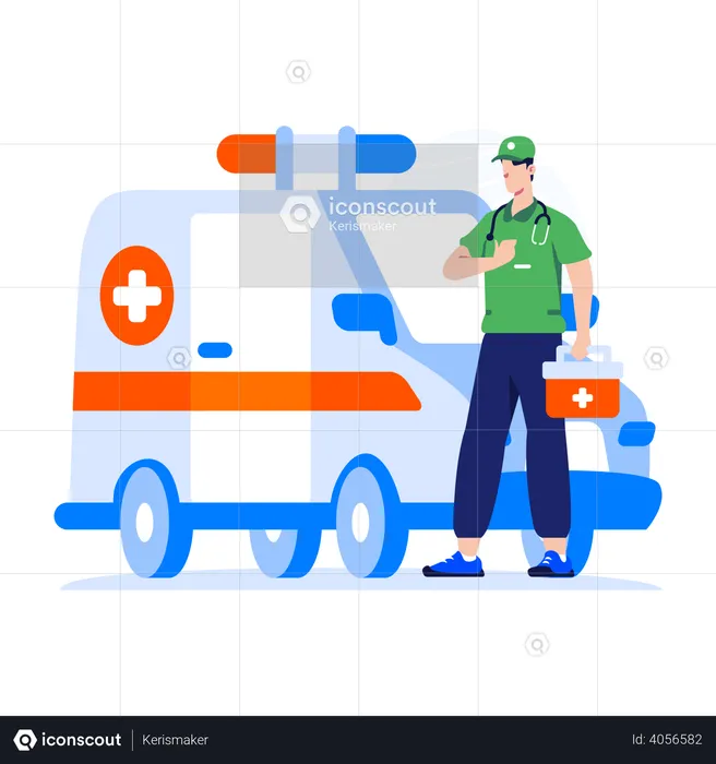 Paramedics standing near ambulance  Illustration