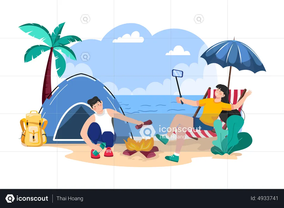 Pareja acampando en la playa  Ilustración