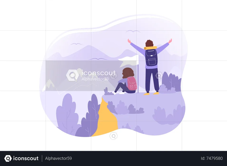 Una pareja llegó a la cima de un punto de senderismo  Ilustración