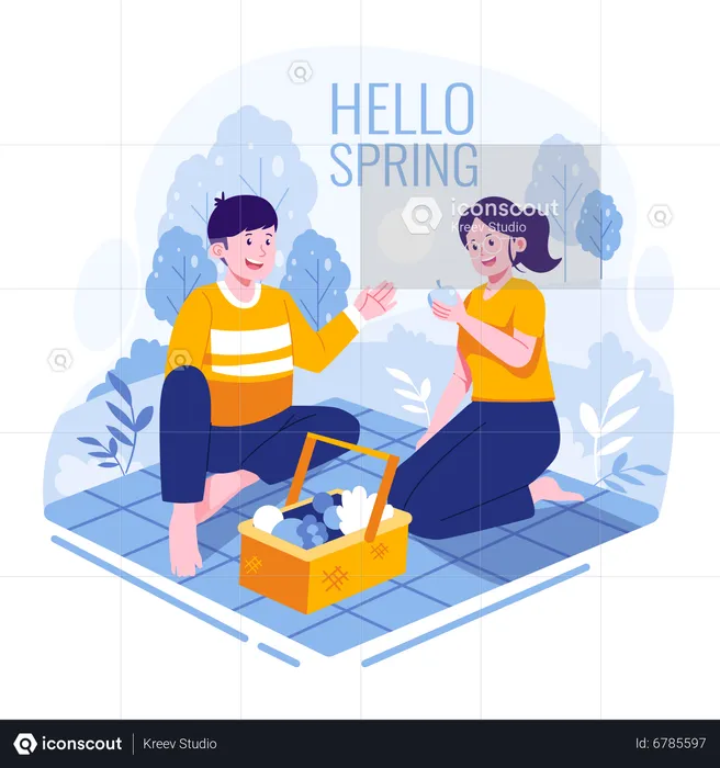 Pareja acampando dando la bienvenida a la primavera  Ilustración