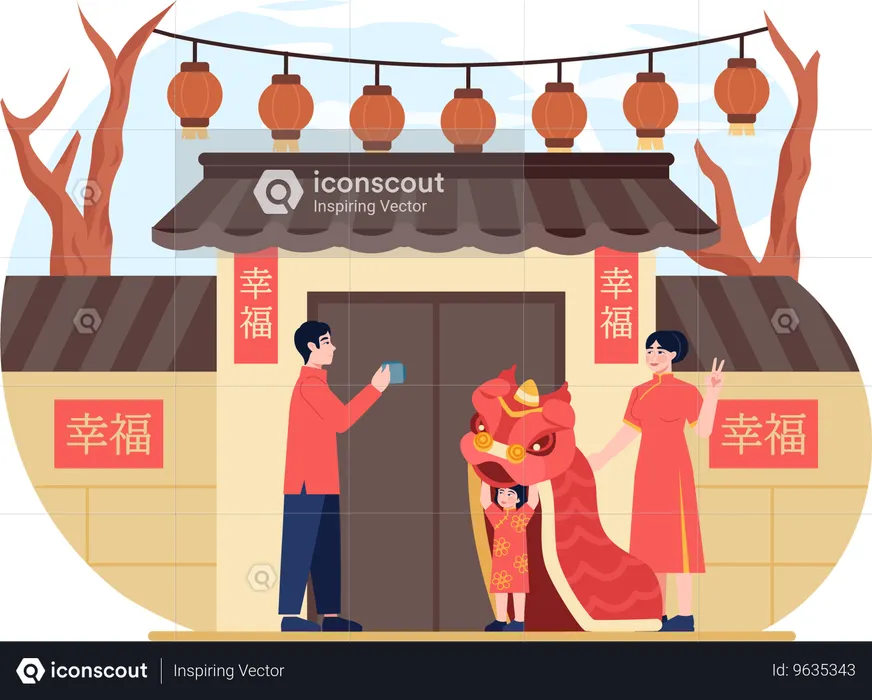Una pareja celebra el año nuevo chino  Ilustración